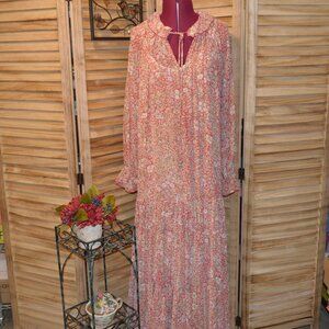 Free People XS Boho L/S Maxi Dress Red Floral Tiered Ruffles